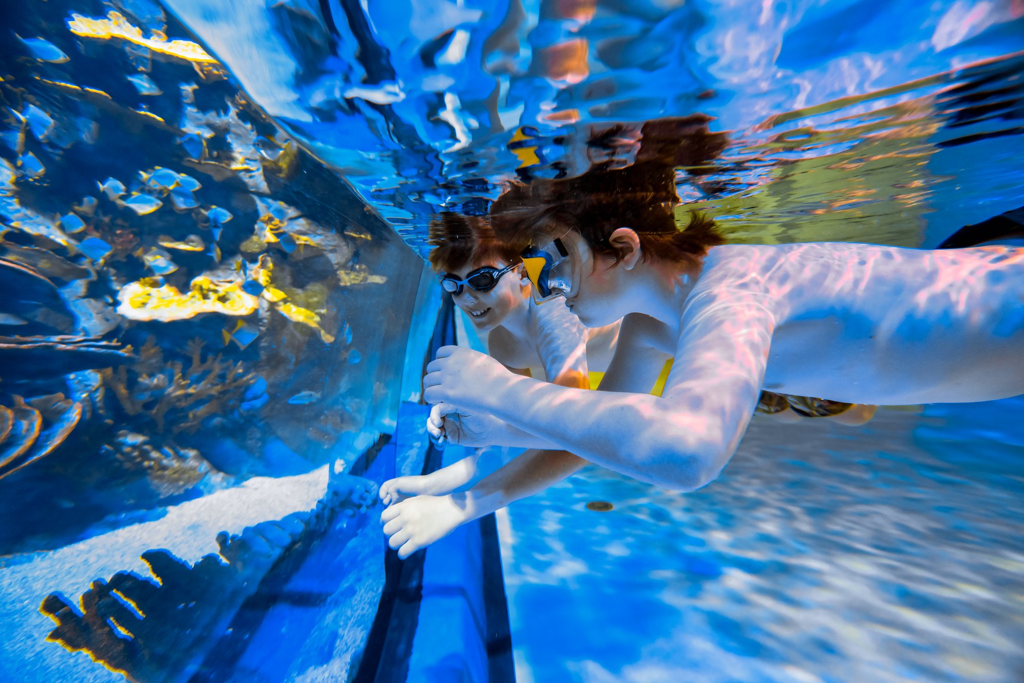 Guests swimming through the acrylic aquarium tunnel inside Alpentherme Gastein spa, Austria