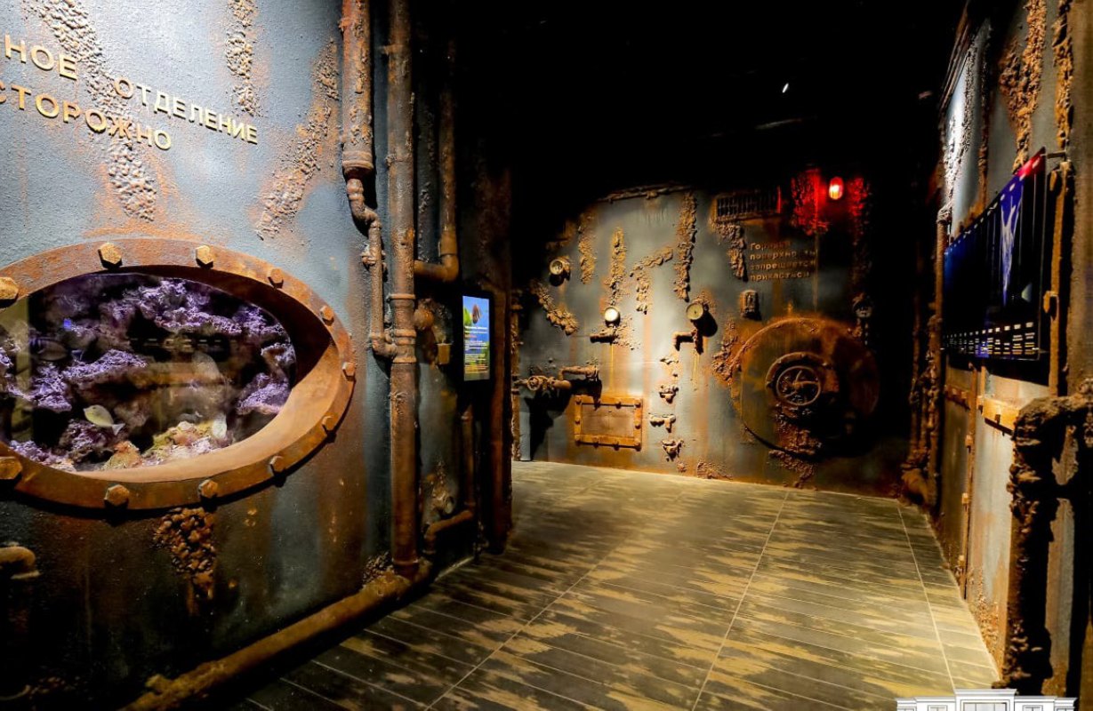Shipwreck viewing window beside a wall-mounted shark sculpture at Magic City Aquarium, Tashkent