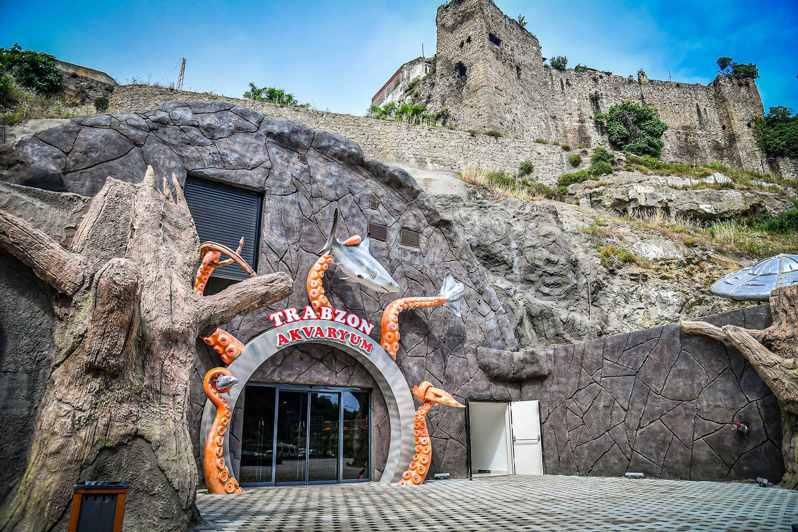 Trabzon Aquarium exterior — themed rock facade entrance below the historic Trabzon Castle walls